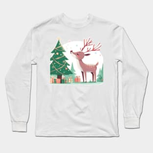 Reindeer Enjoying Their Christmas Tree - White Background Long Sleeve T-Shirt